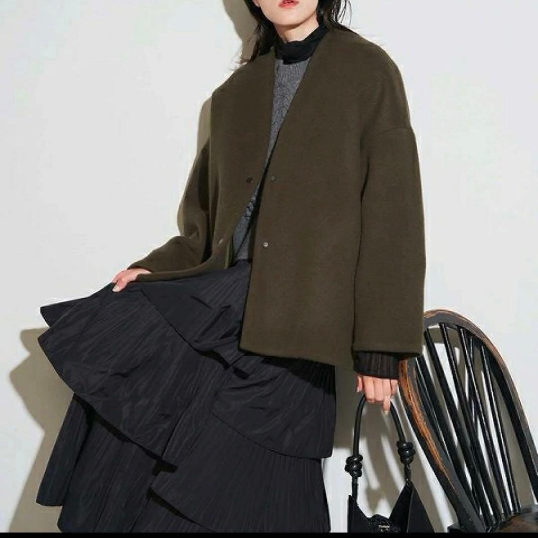 美品】ELENDEEKフォルムショートウールコートMカーキ - メルカリ