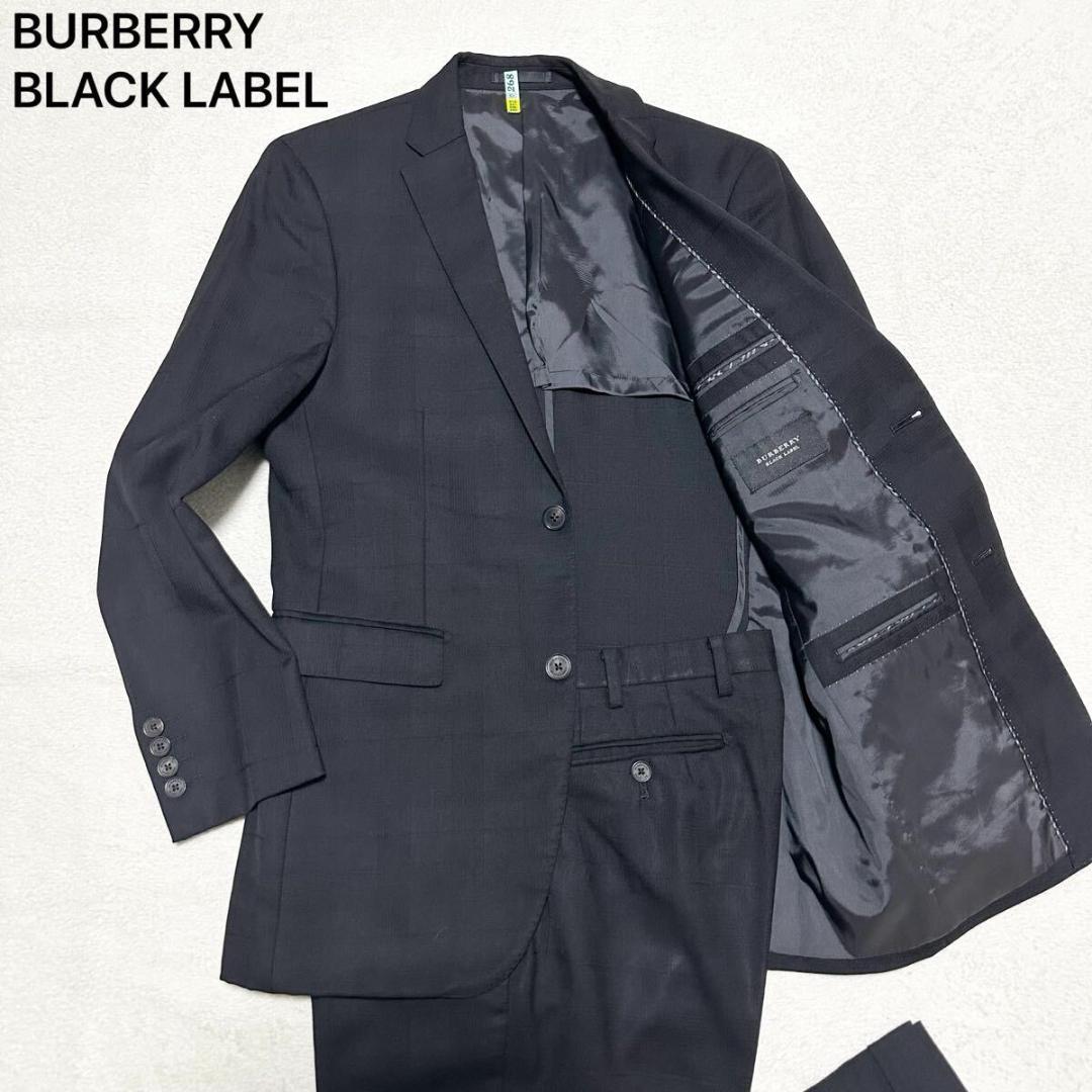 バーバリーブラックレーベル 日本製 スーツ 水牛釦 チェック 黒 M相当
