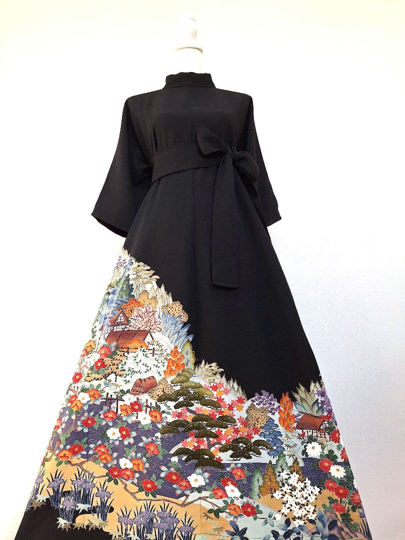 着物リメイクワンピース3648 着物リメイク ロング ワンピース ドレス 洗える 化繊 名古屋帯ベルト