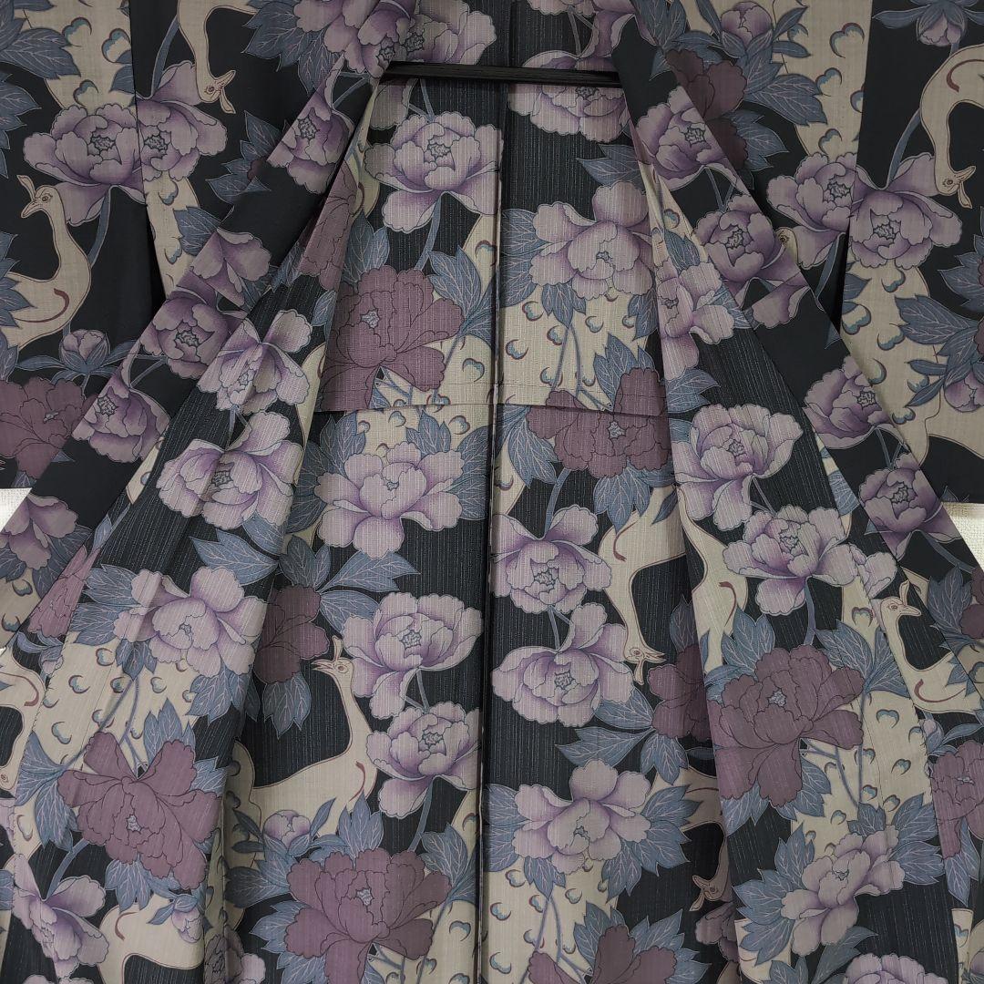三花】撫松庵 セオα 洗える着物 浴衣 単衣 孔雀 牡丹 リサイクル リユース