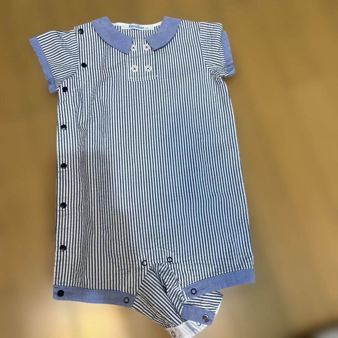 ファミリア ストライプロンパース 青と白 80cm - メルカリ