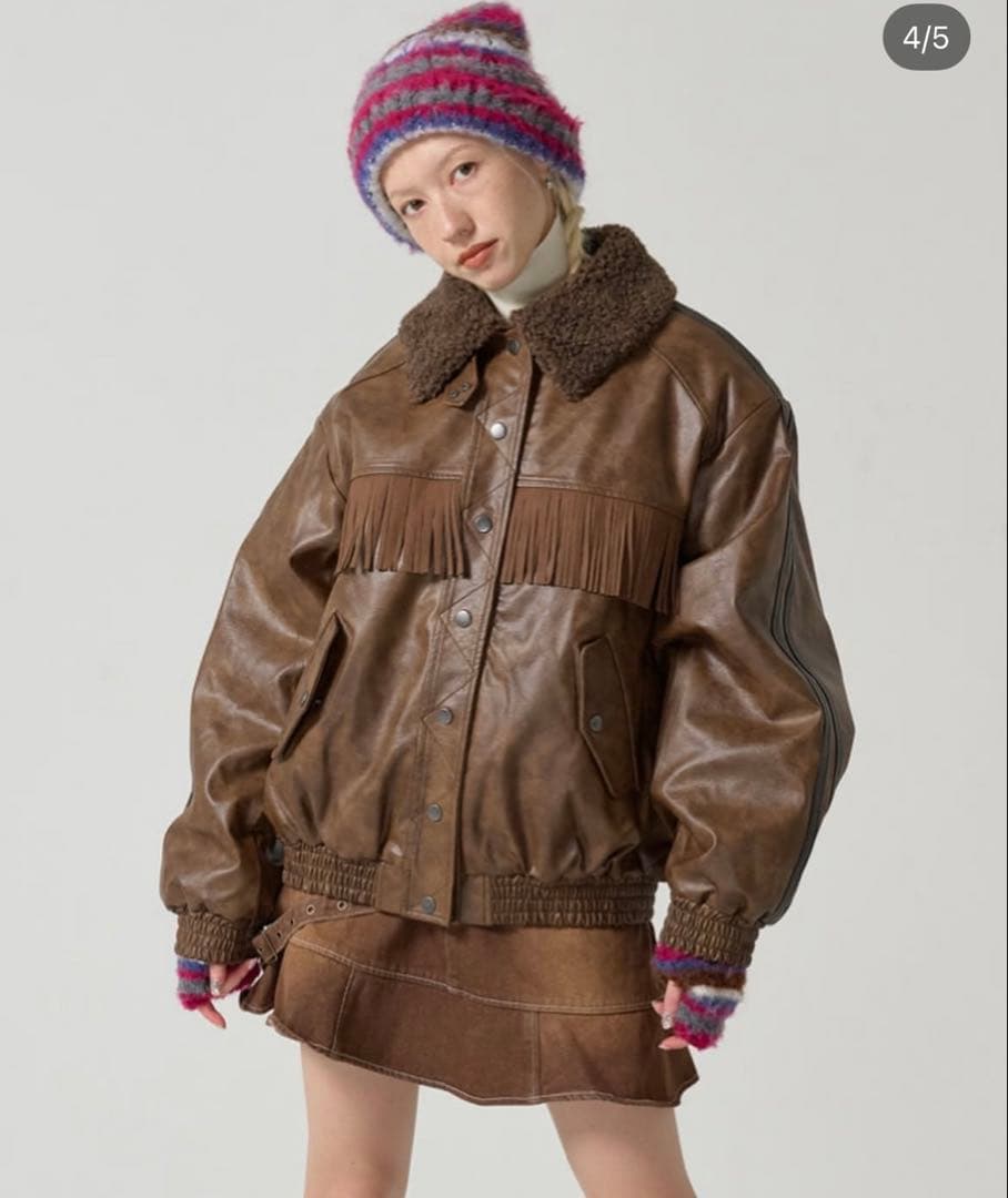TINA:JOJUNフェイクレザー ジャケット ブラウン フェイクレザー ボンバージャケット TINA：JOJUN（その他アウター