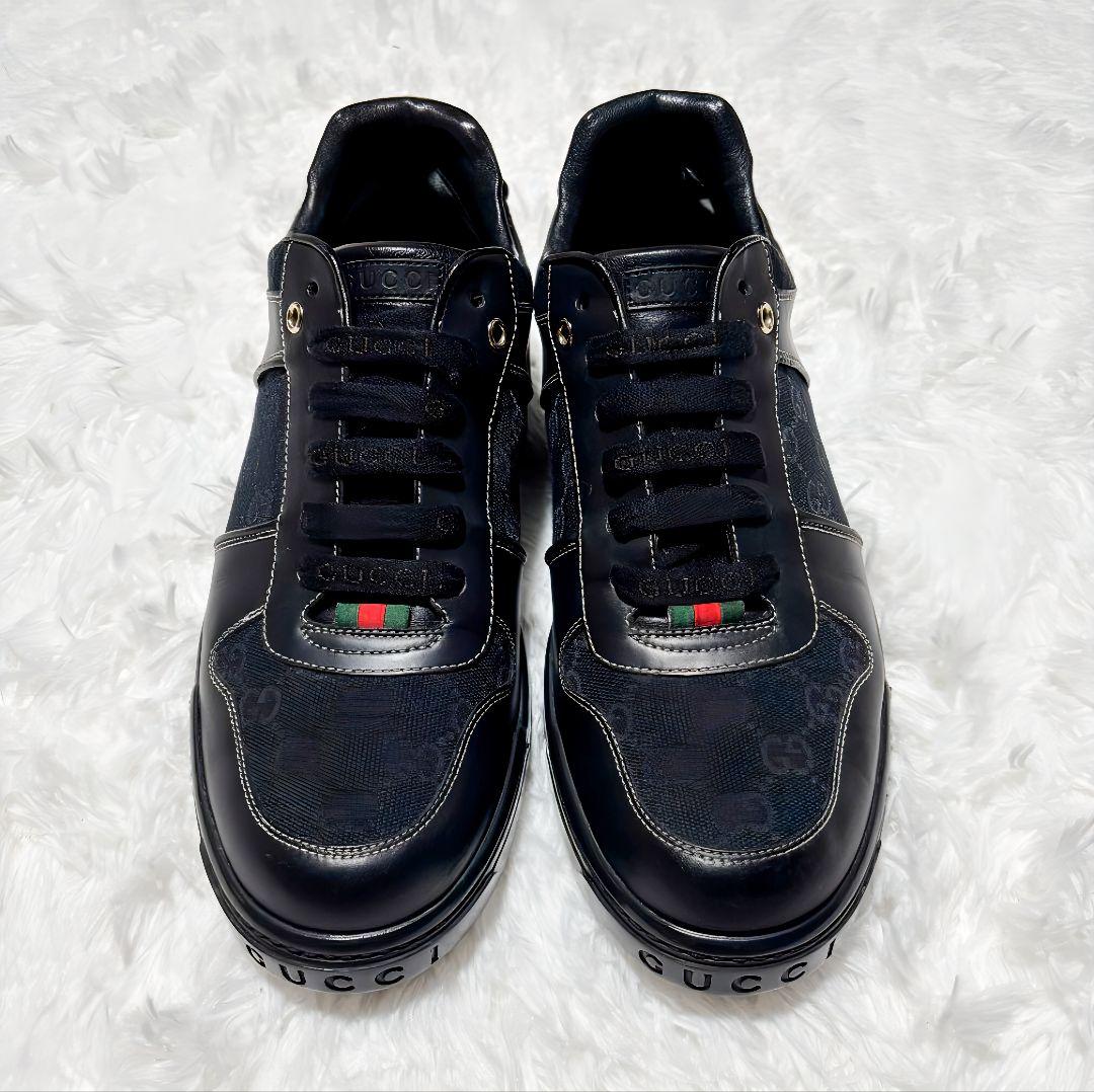 美品/グッチ GUCCI スニーカーGGキャンバス /レザー黒 25.5cm