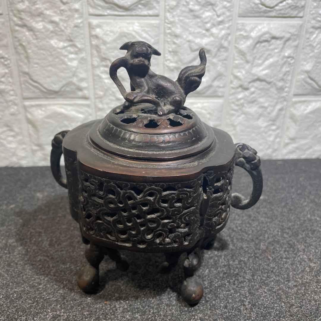香炉 獅子 銅製 双耳 三足 彫刻 置物 - メルカリ