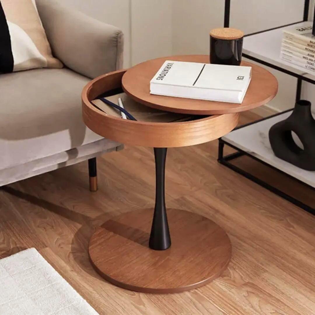 オーク材 木製 サイド テーブル 丸 収納 コーヒー ソファー 北欧
