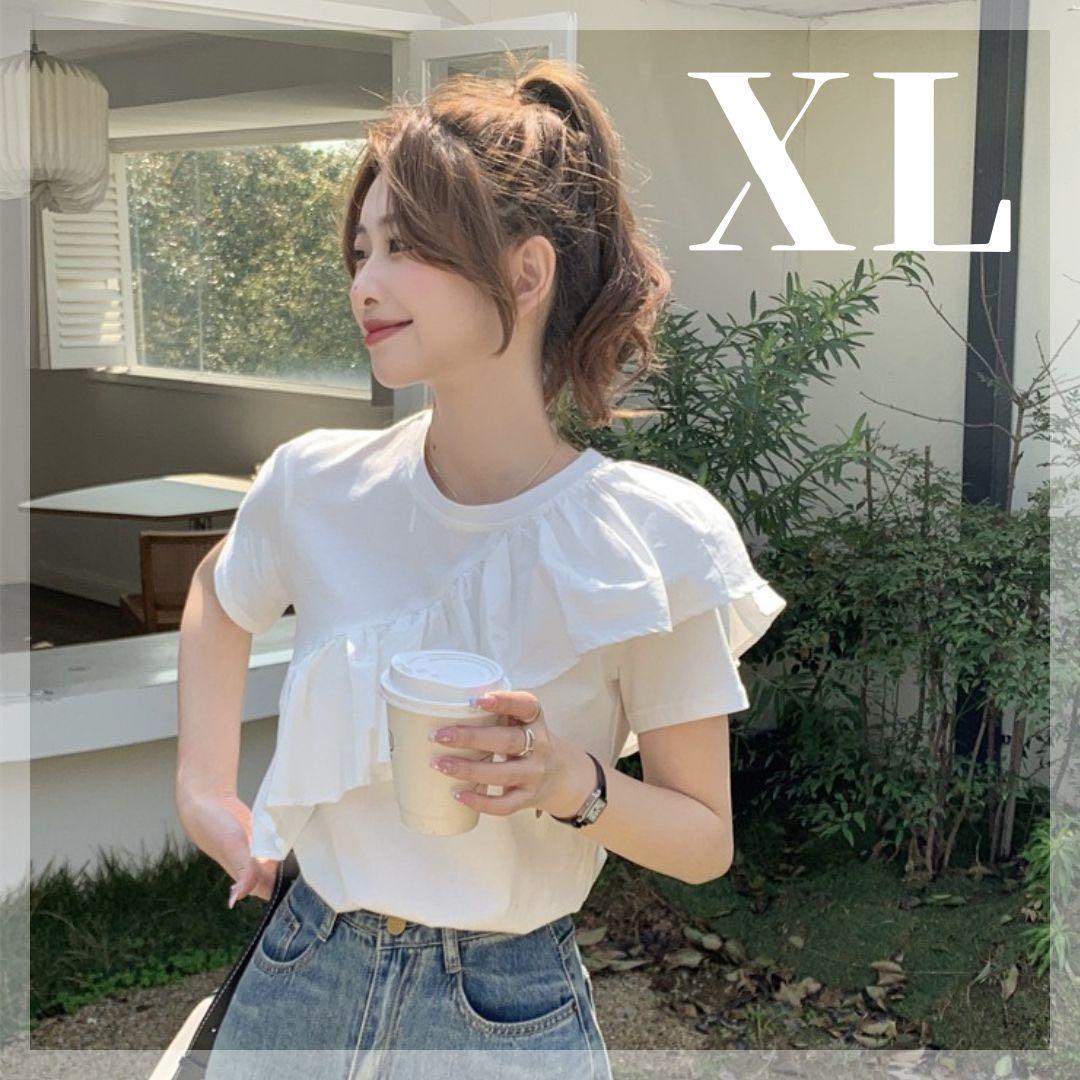 Tシャツ 半袖 レディース XL 白 トップス 可愛い フリル おしゃれ 韓国