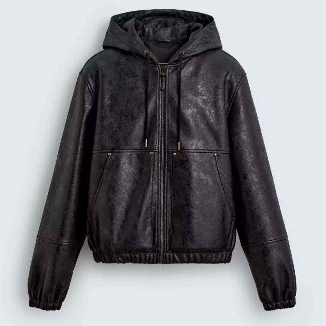 ZARA レザー ジップパーカー フーディー - メルカリ