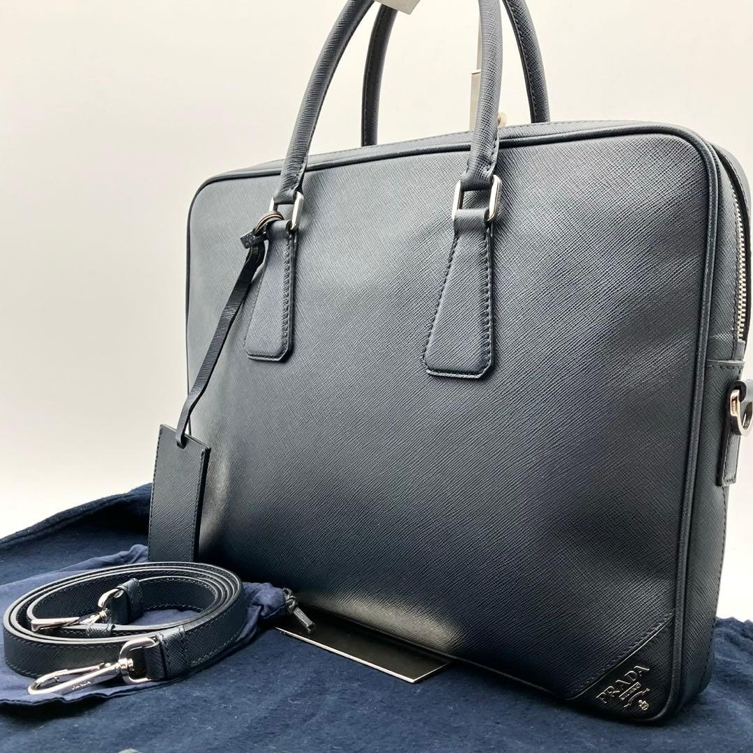 極美品】プラダ 2way ブリーフケース サフィアーノレザー ネイビー