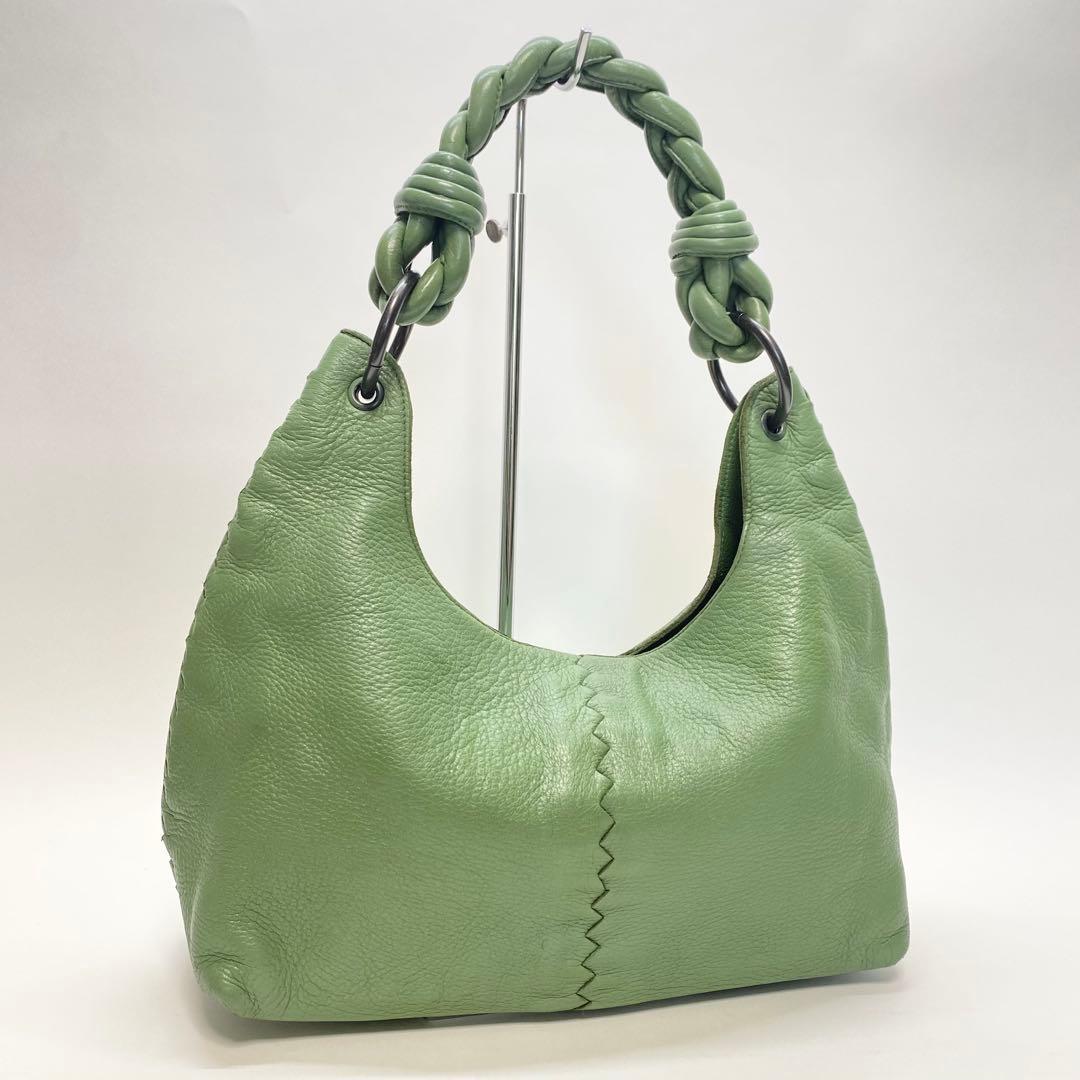 ボッテガヴェネタ グリーン ワンショルダーバッグ 編み込みハンドル ボッテガヴェネタ グリーントートバッグ イントレチャート 編み込み