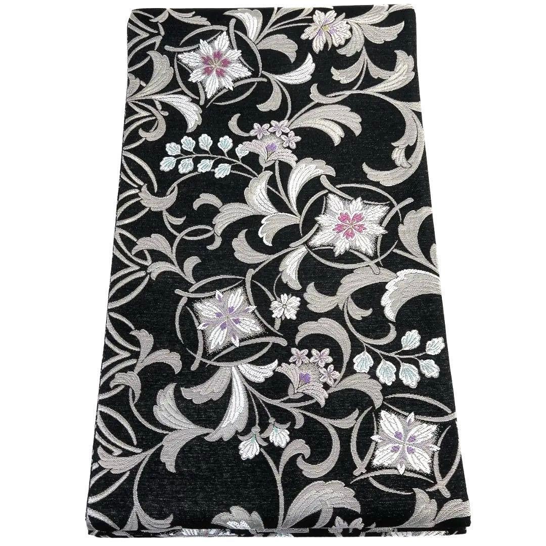 未着用 袋帯 西陣織 唐織 唐花模様 花菱 銀糸 モノトーン 着物 053a p