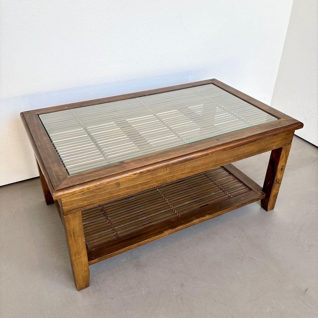 ガラス バンブー 籐 ラタン アジアン 昭和レトロ テーブル ロー