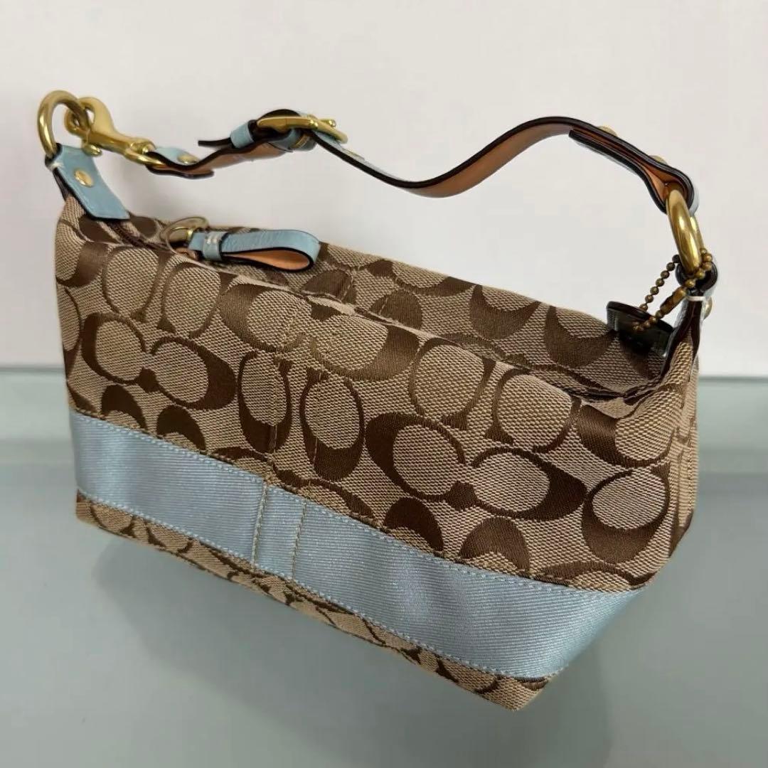 美品】coach ロゴ柄 ハンドバッグ ブラウン/ライトブルー【袋付き