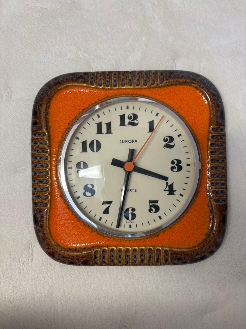 【ヴィンテージ1970's】ドイツ製EUROPA オレンジ 陶器製スクエア時計 ドイツ製 KIENZLE 陶器 壁掛け時計 ヴィンテージ