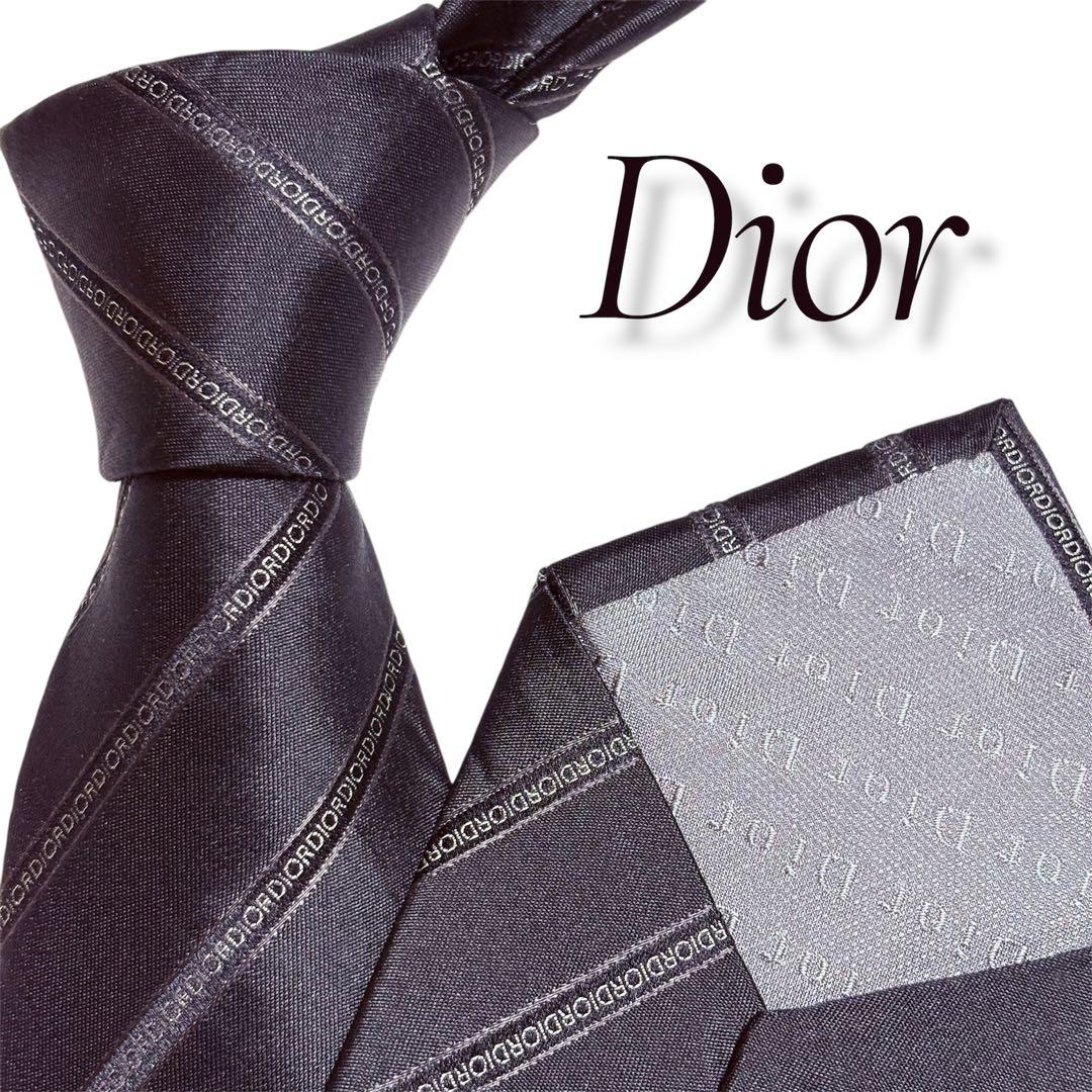 美品】ディオールオム ネクタイ ブラック ロゴ ストライプ Dior 総柄