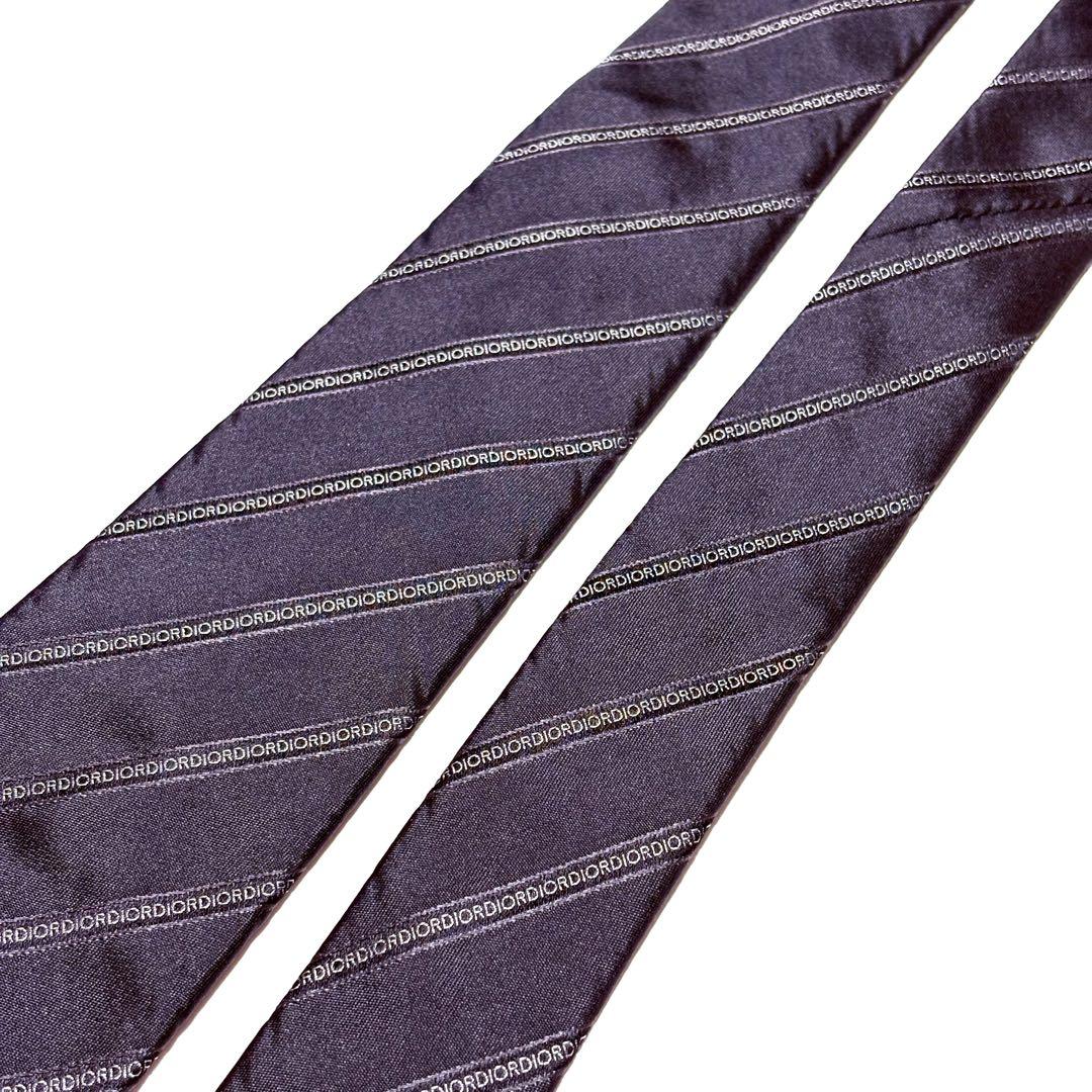 美品】ディオールオム ネクタイ ブラック ロゴ ストライプ Dior 総柄