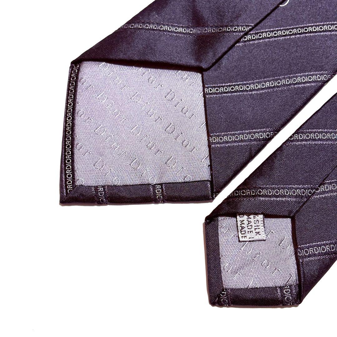 美品】ディオールオム ネクタイ ブラック ロゴ ストライプ Dior 総柄