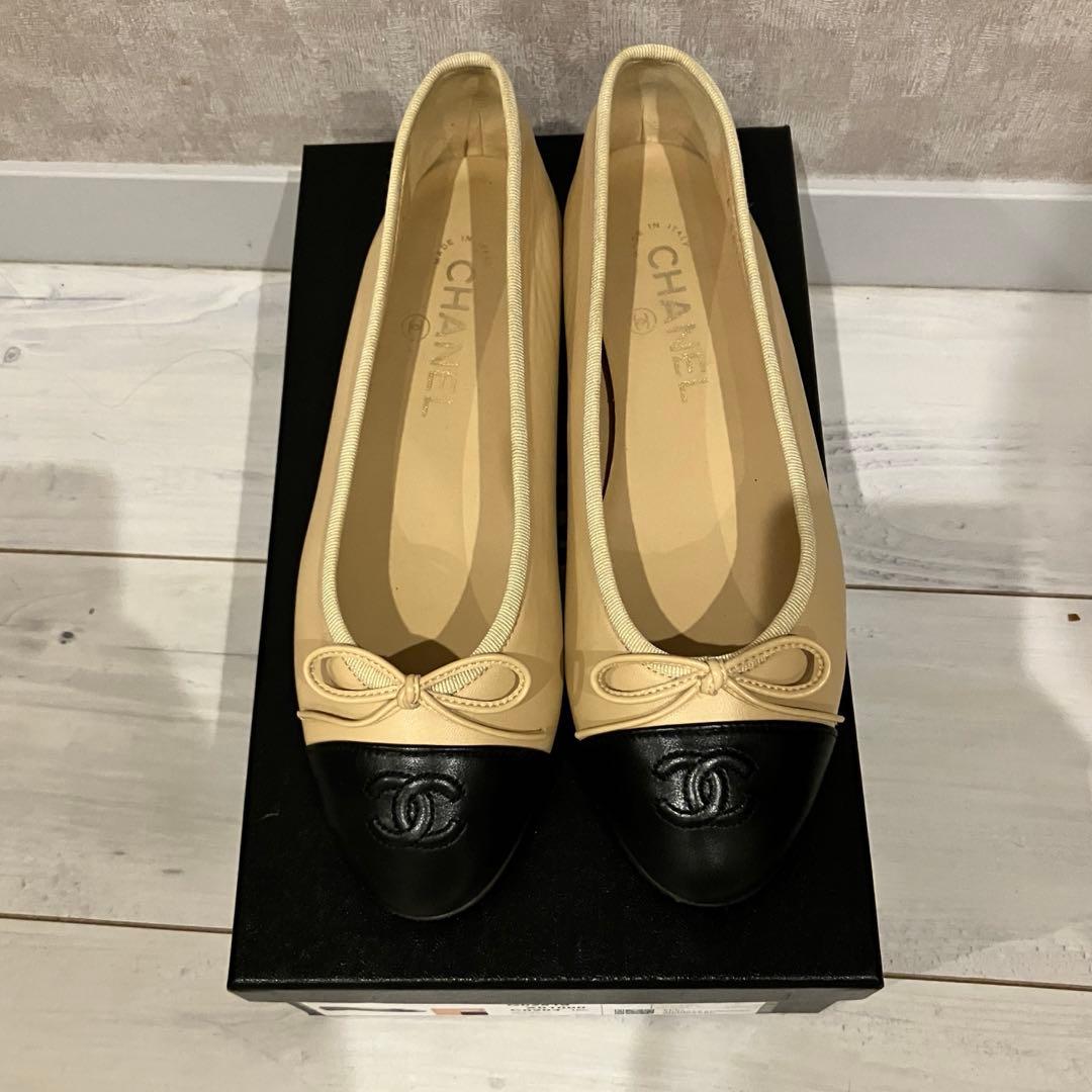シャネル銀座レシート付属】バレリーナ ベージュ & ブラック 37.5