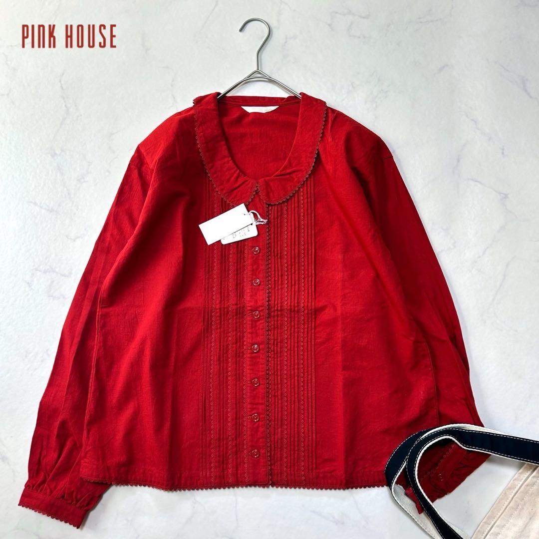 美品ピンクハウスPINK HOUSE ピンタック フリルブラウス 丸襟 レース
