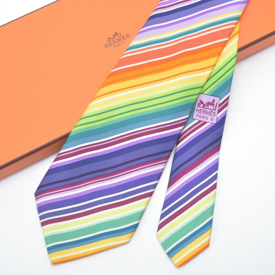 美品◇エルメス カラフル レジメンタル ネクタイ シルク ストライプ 箱