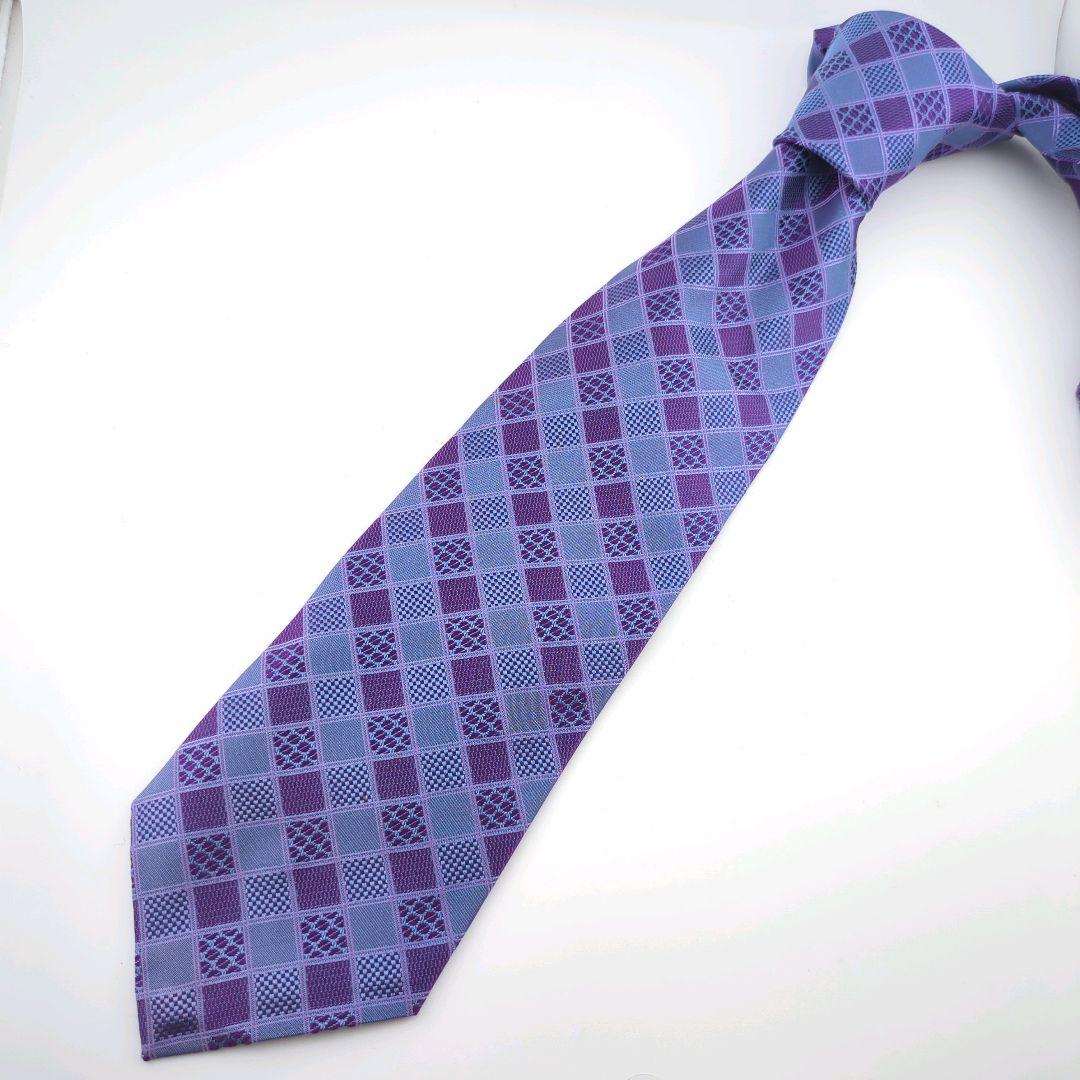 美品 クリスチャンディオール ネクタイ シルク100% 紫×水色 チェック柄