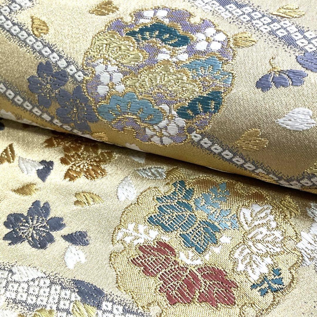 袋帯 雪輪に四季の花柄 鹿の子模様 金銀糸 枯野色 O-4790 - メルカリ