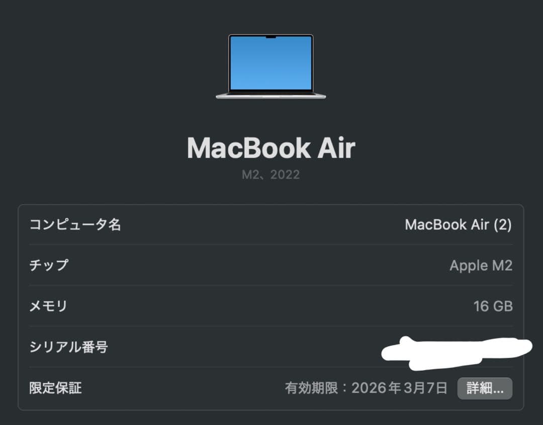 【2025年購入】MacBook Air M2 2022 16GB 256SSD