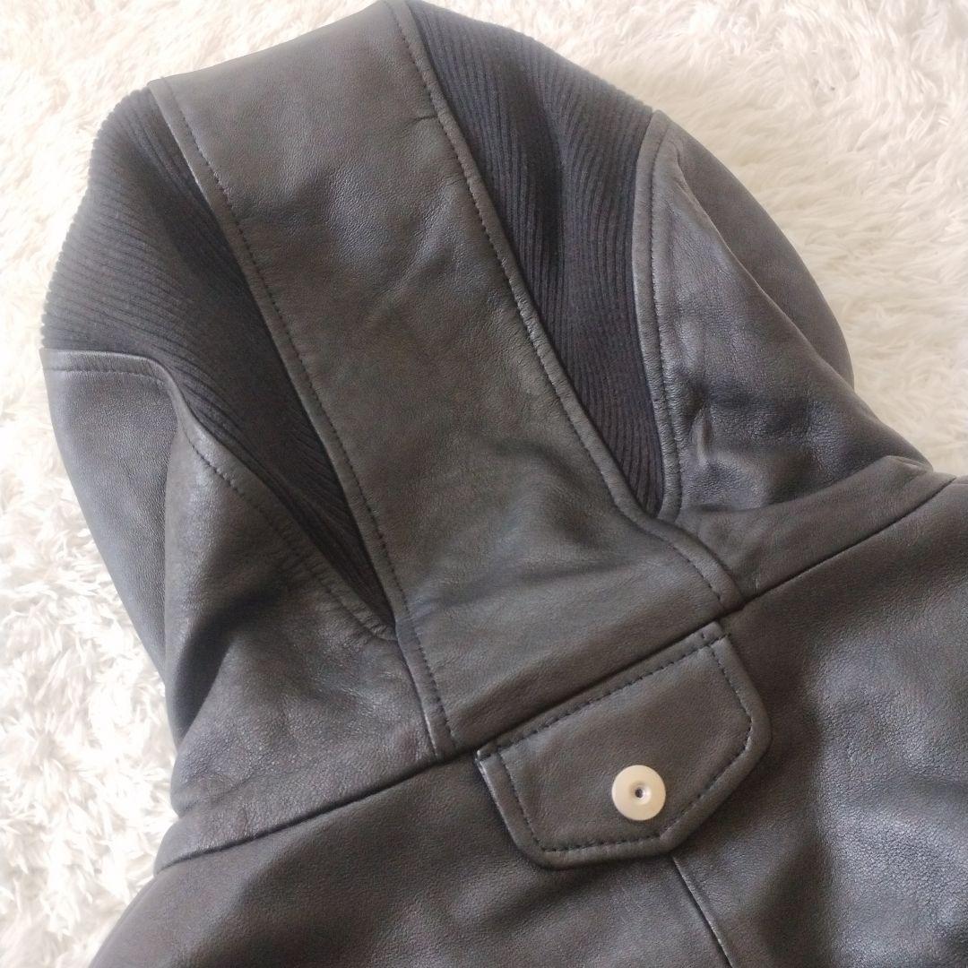 美品✨NO ID. ラムバフィングフーデッドBLZ レザージャケット M 黒
