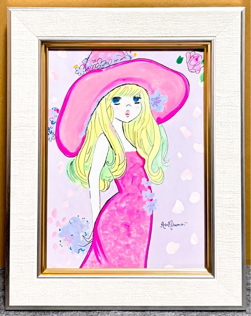 F4号】手描き油彩 水森亜土 サイン 額縁 未使用額 人気作品 絵画 女性