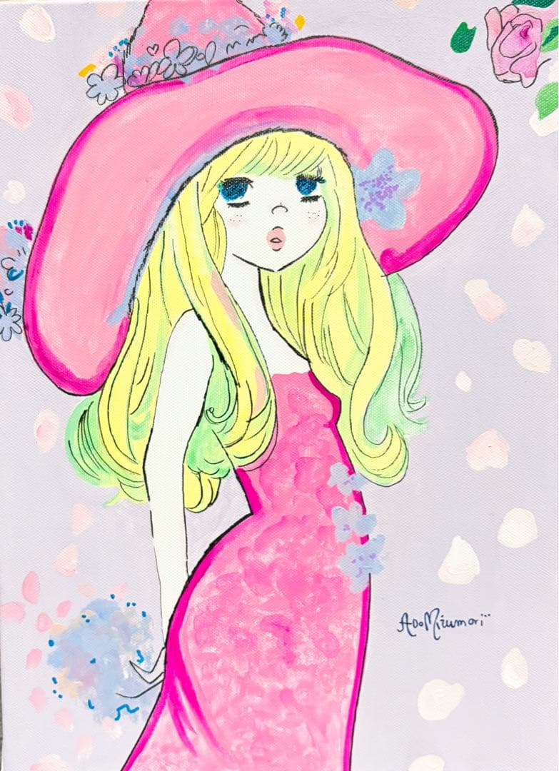 F4号】手描き油彩 水森亜土 サイン 額縁 未使用額 人気作品 絵画 女性