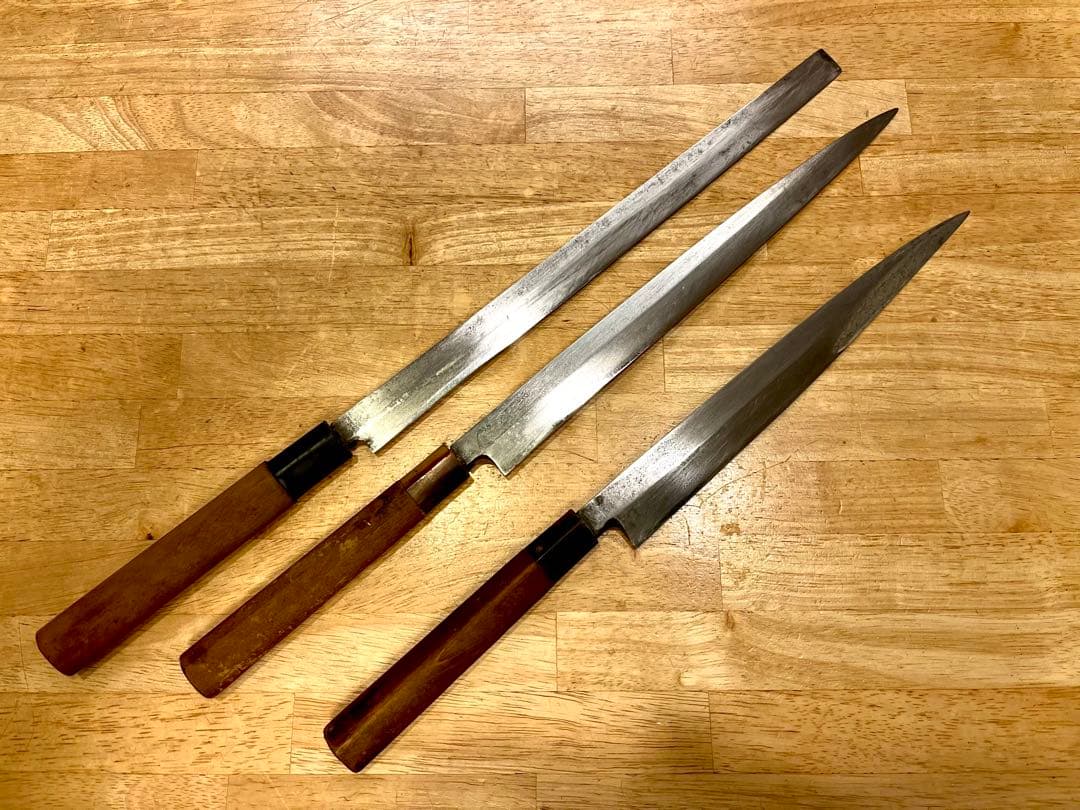 た*と様 蛸引包丁、柳刃包丁　3本まとめて　堺久光、無銘 堺 孝行 紫電 銀三鋼 蛸引包丁 270mm デザートアイアンウッド（杉原