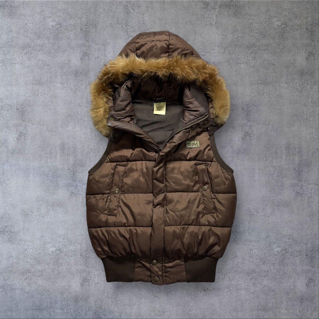 Y2K X-girl ファーダウン ベスト グランジ 平成ギャル白ギャルブラウン