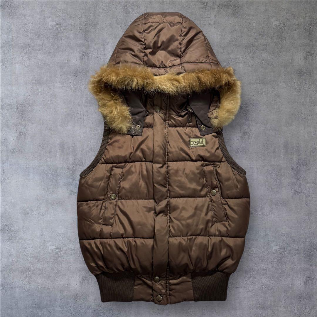 Y2K X-girl ファーダウン ベスト グランジ 平成ギャル白ギャルブラウン