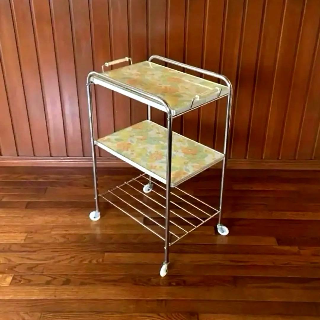 昭和レトロ キッチンワゴン 花柄 3段 当時物 レトロポップ トレー