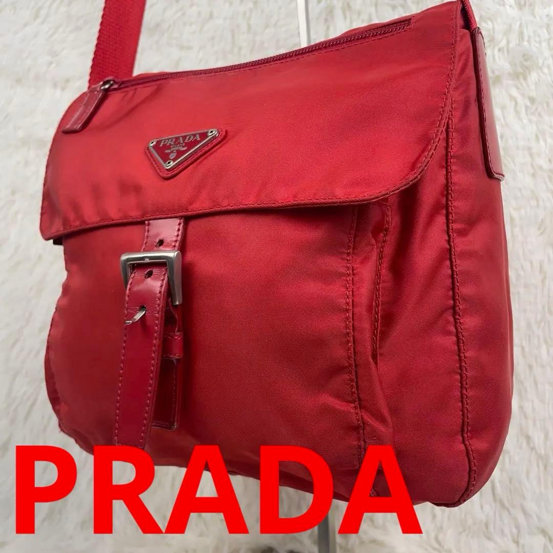 美品】プラダ PRADA ショルダーバッグ 三角ロゴプレート レッド - メルカリ