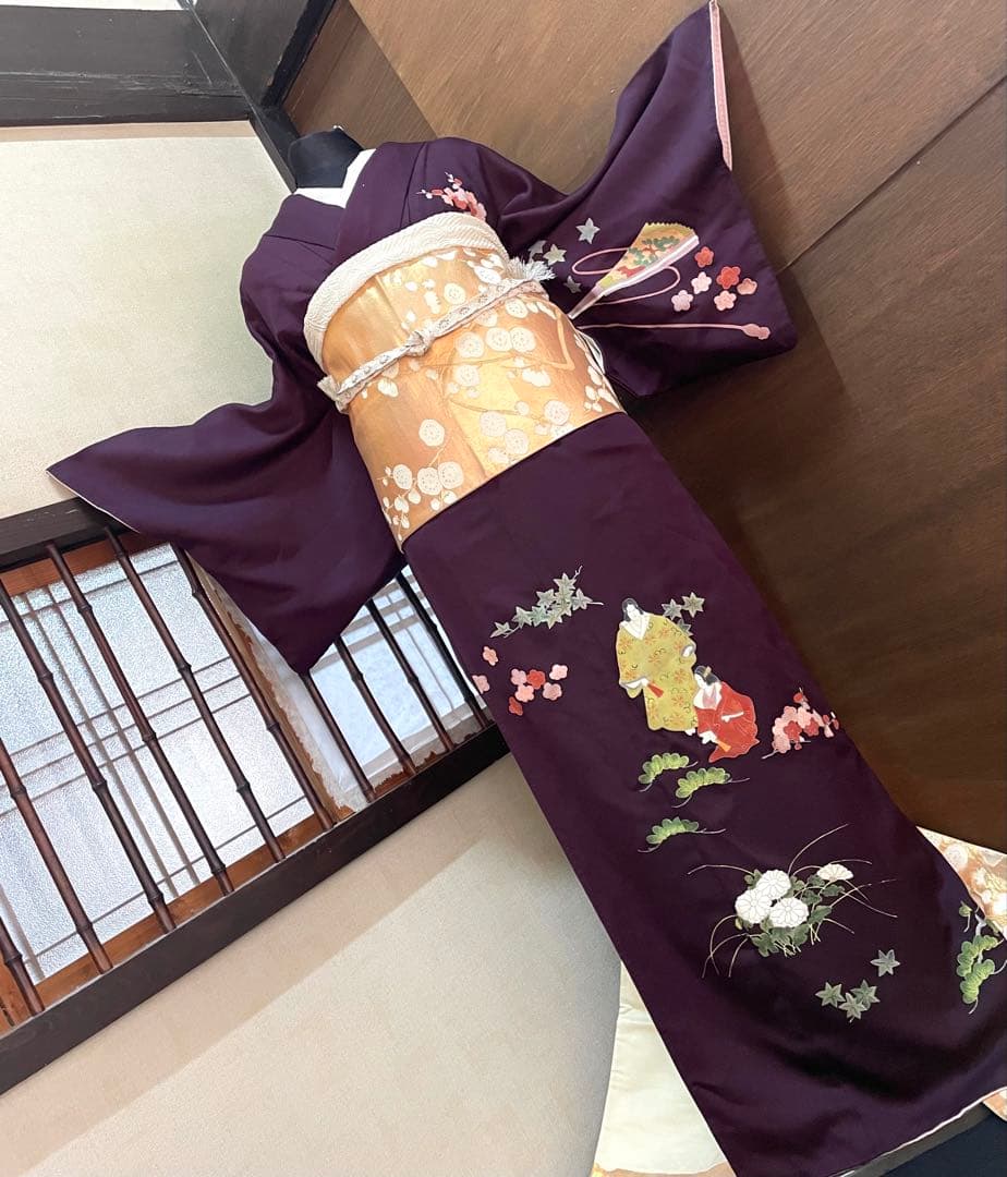 訪問着フルセット5点サイズM〜L手描き友禅正絹 六通柄袋帯唐織枝梅文