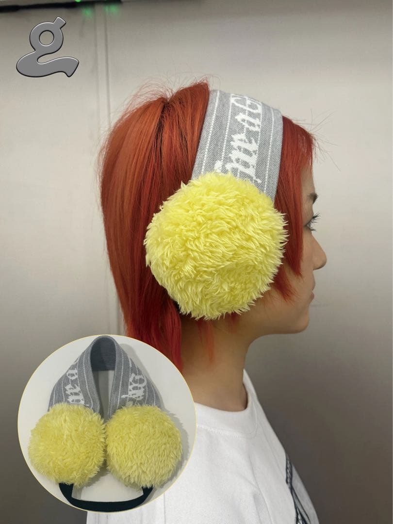 GRAPE楽譜アルファベット ニット ファー ヘアバンド イヤーマフ黄色グレー