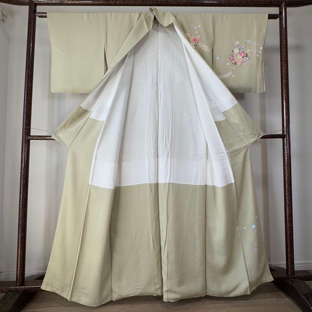 超美品　正絹　袷　現代　正統派　訪問着　着物　 163 黄緑　鶯色　手書き　上品