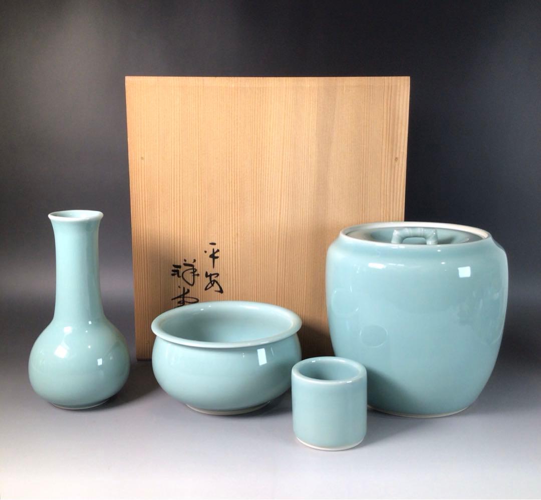 R851 皆具 『平安 手塚祥堂造』『青磁』『台子皆具』 共箱 茶道具