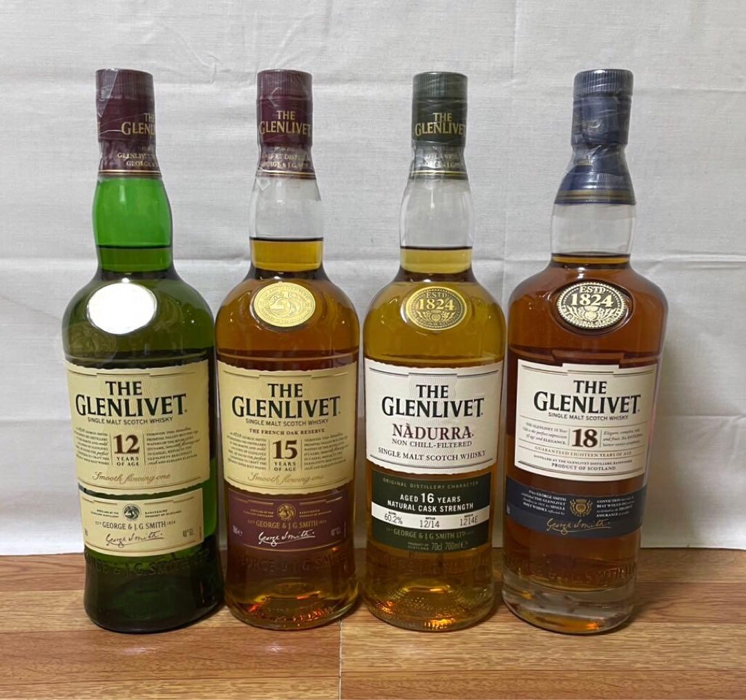 旧ボトル グレンリベット12年&15年&16年ナデューラ&18年グラス付き