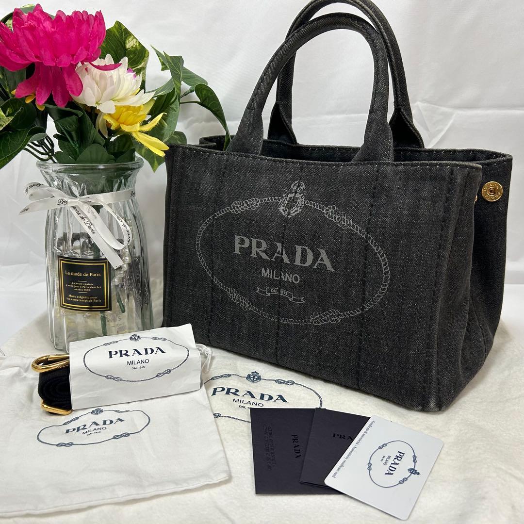 美品　プラダ　カナパ　2way　トートバッグ　デニム　ショルダーバッグ　ブラック PRADA - PRADA トートバッグ デニム カナパ CANAPA 2WAYハンドバッグの