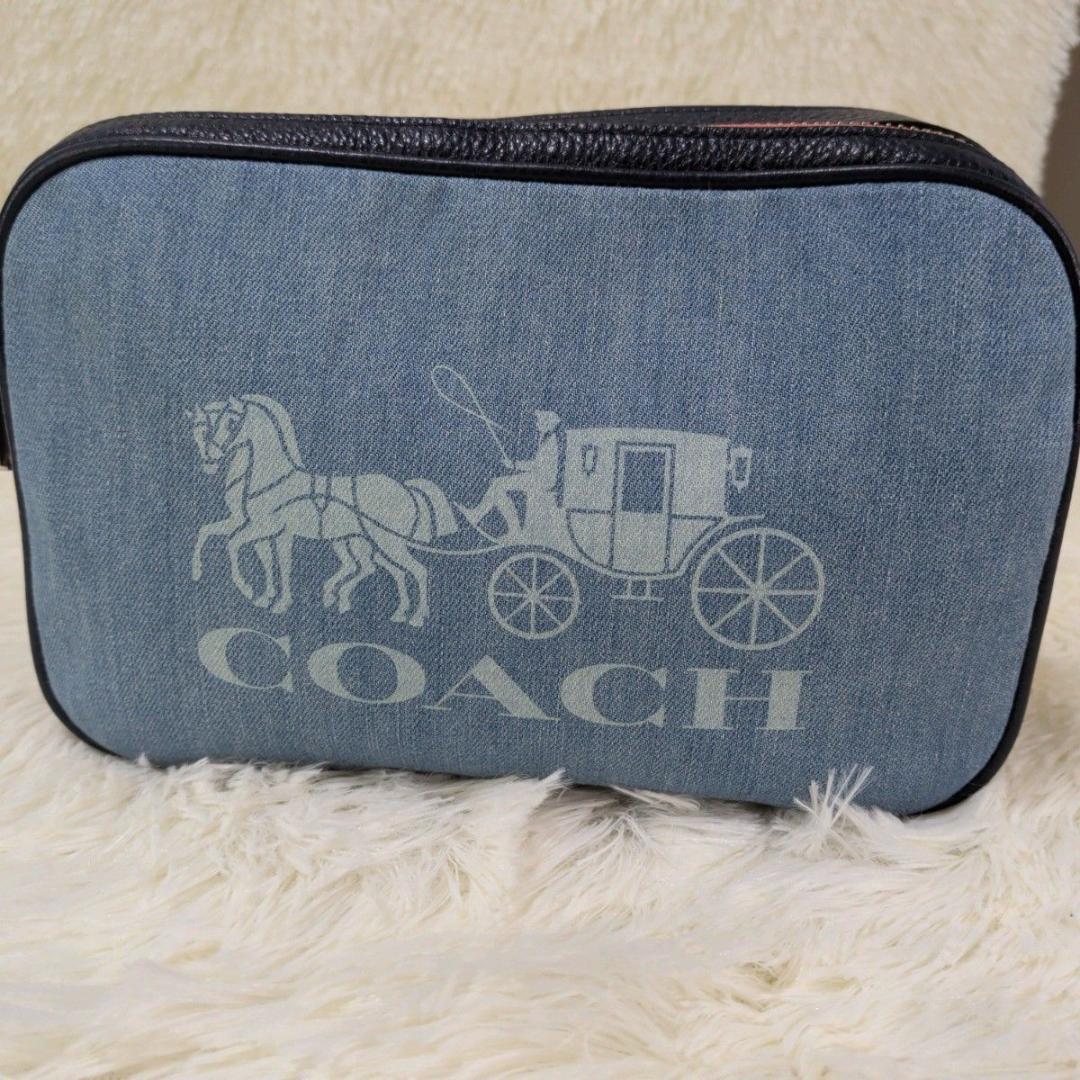 極美品 COACH デニム ショルダーバッグ カメラバッグ ネイビー レザー