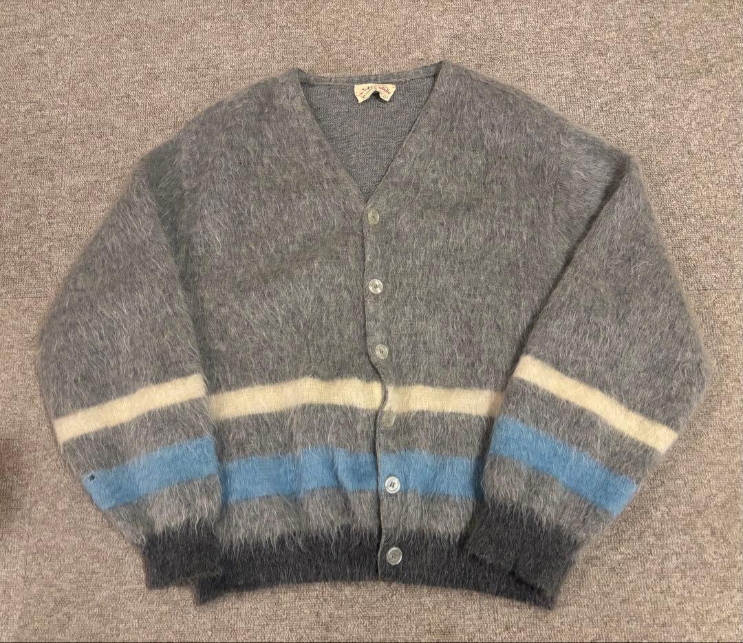 スペシャル ビンテージ 60s ARROW モヘア カーディガン ボーダー 古着 60s ARROW ダイヤ パターン モヘア ルック シャギー アクリル
