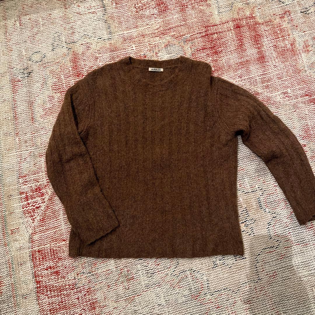 AURALLEE ブラウン モヘアアルパカセーター セール】アルパカ混深Vネックニットプルオーバー（ニット/セーター