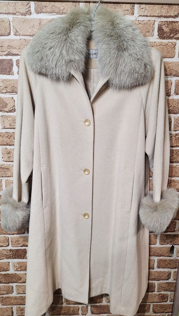 美品！アンゴラウール100% リアルフォックス襟&袖付き ベージュロング