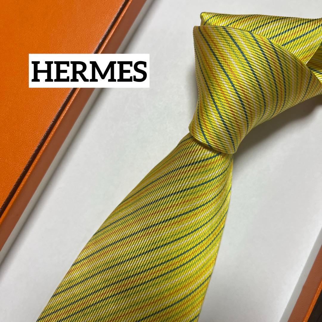美品 エルメス ネクタイ 黄色 ストライプ シルクジャガード 派手 結婚