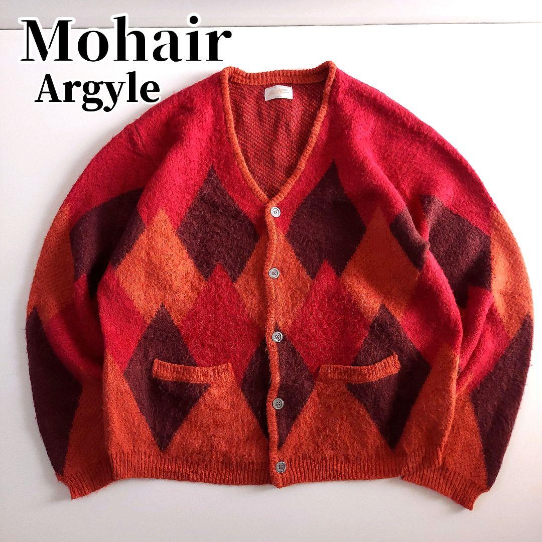モヘアニット アーガイル柄ジャカード カーディガン L 赤 カート