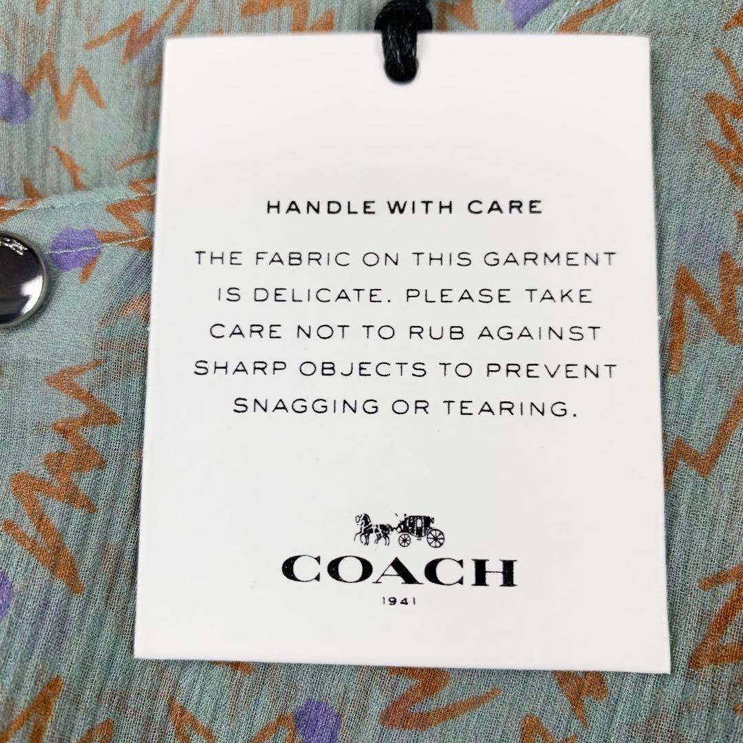 新品 COACH コーチ シルク100% シフォンワンピース 総柄 グリーン系