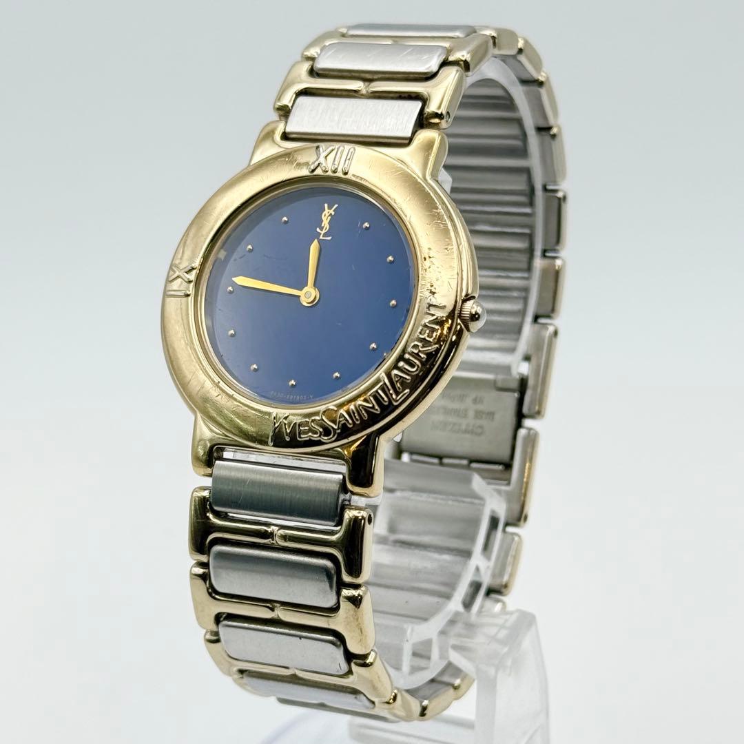 ✨稼働良品✨サンローラン 腕時計 クォーツ ラウンド コンビ 青文字盤