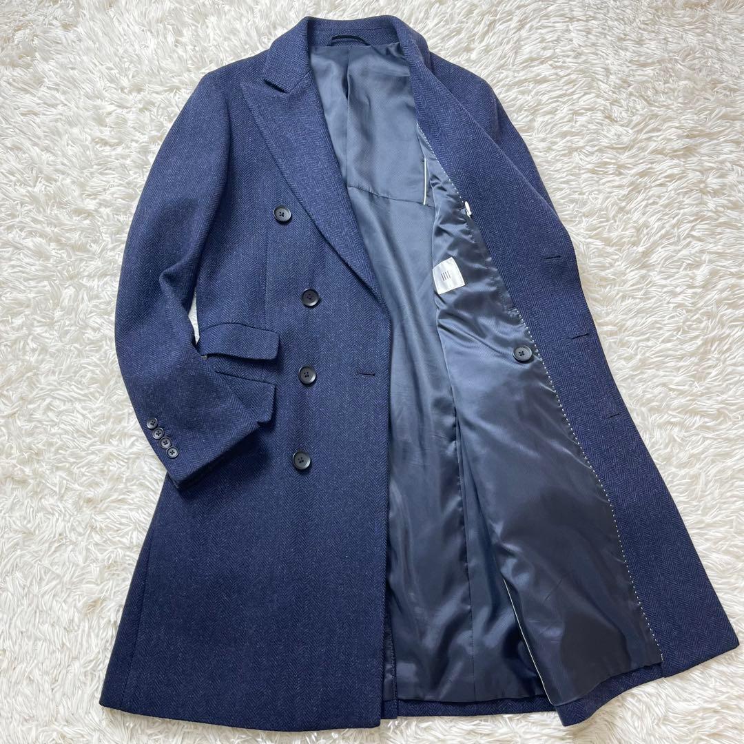 美品 スーツセレクト ダブルチェスターコート ヘリンボーン ネイビー S