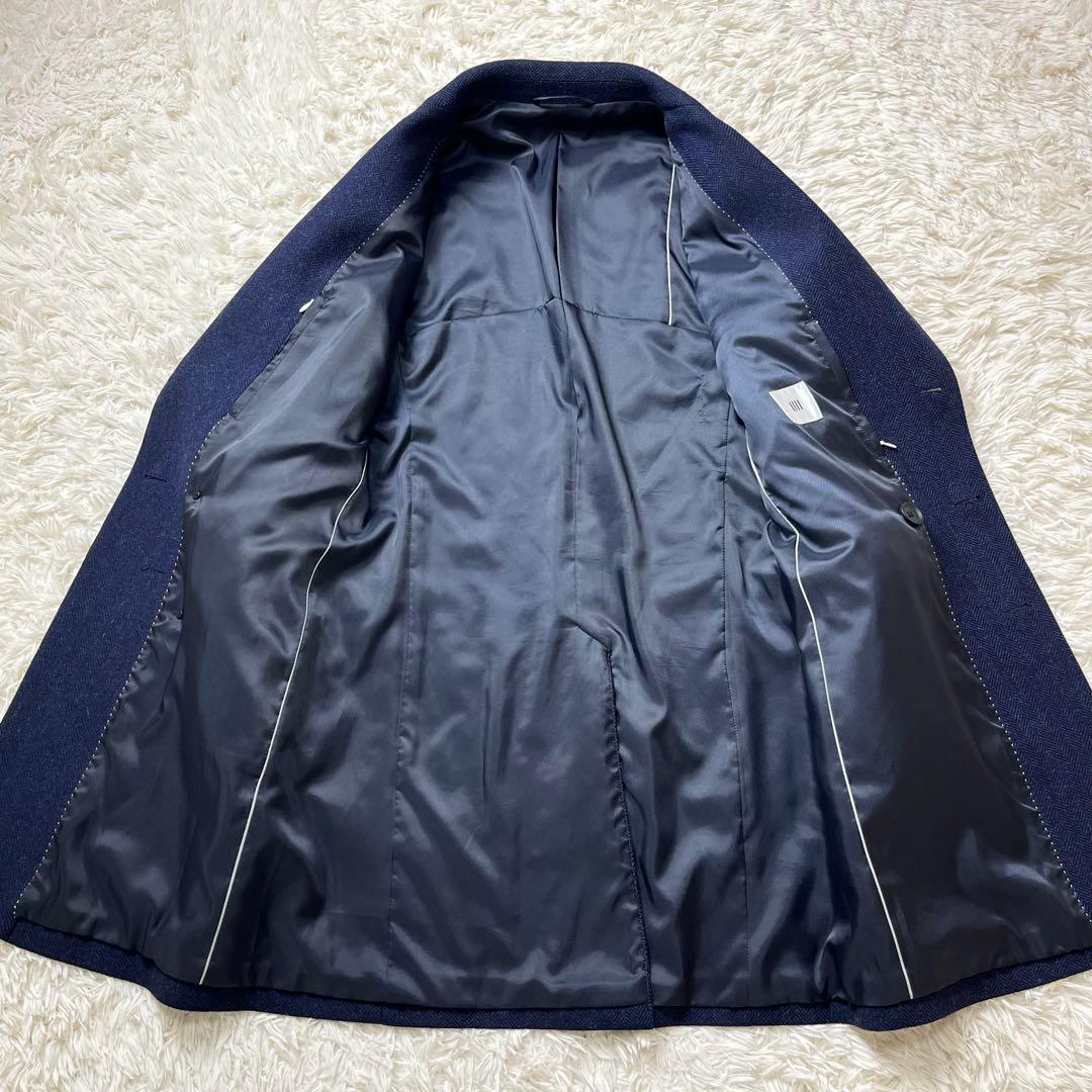 美品 スーツセレクト ダブルチェスターコート ヘリンボーン ネイビー S